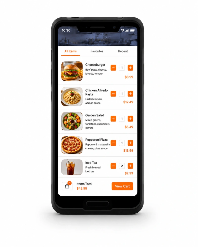 SUNTEK SM1 mobile POS ordering connected to KDS kitchen workflow