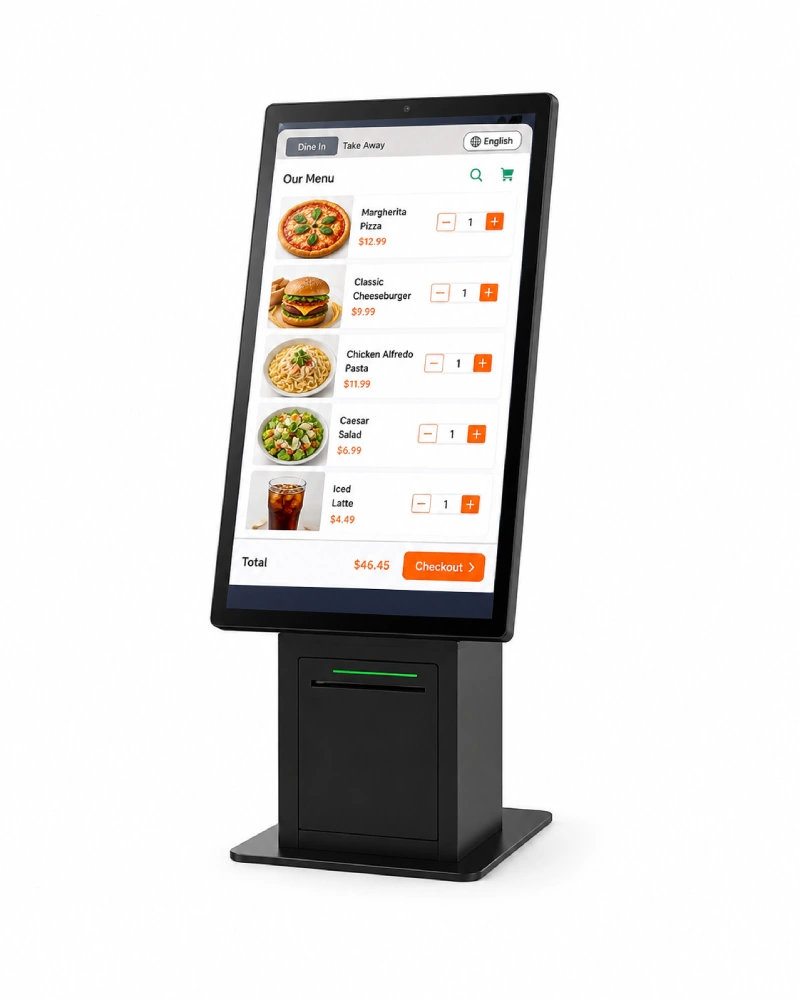 SUNTEK SK1 self service ordering kiosk connected to KDS kitchen workflow
