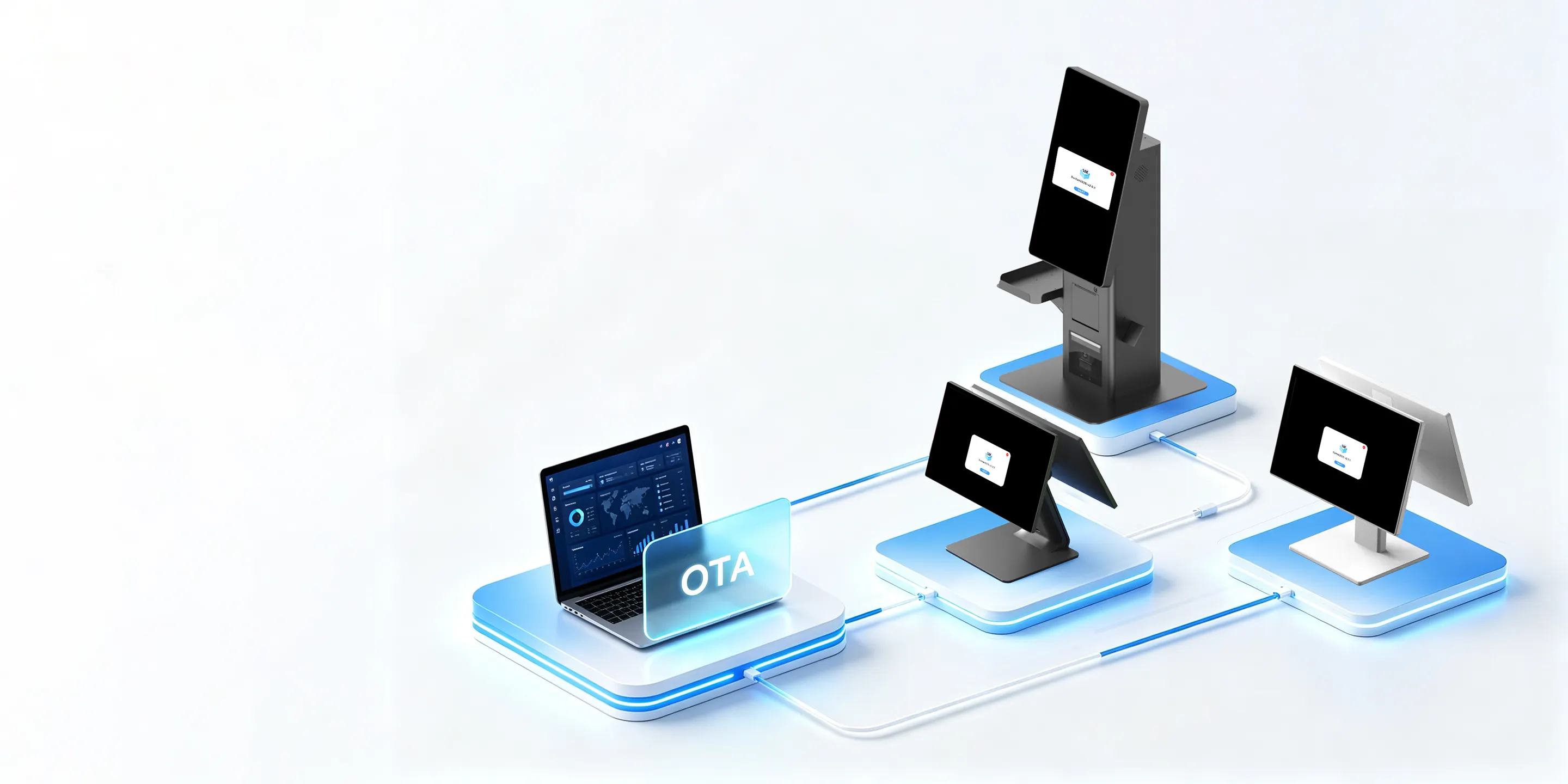 SUNTEK MDM app and OTA management illustration showing a laptop connected to commercial devices.
