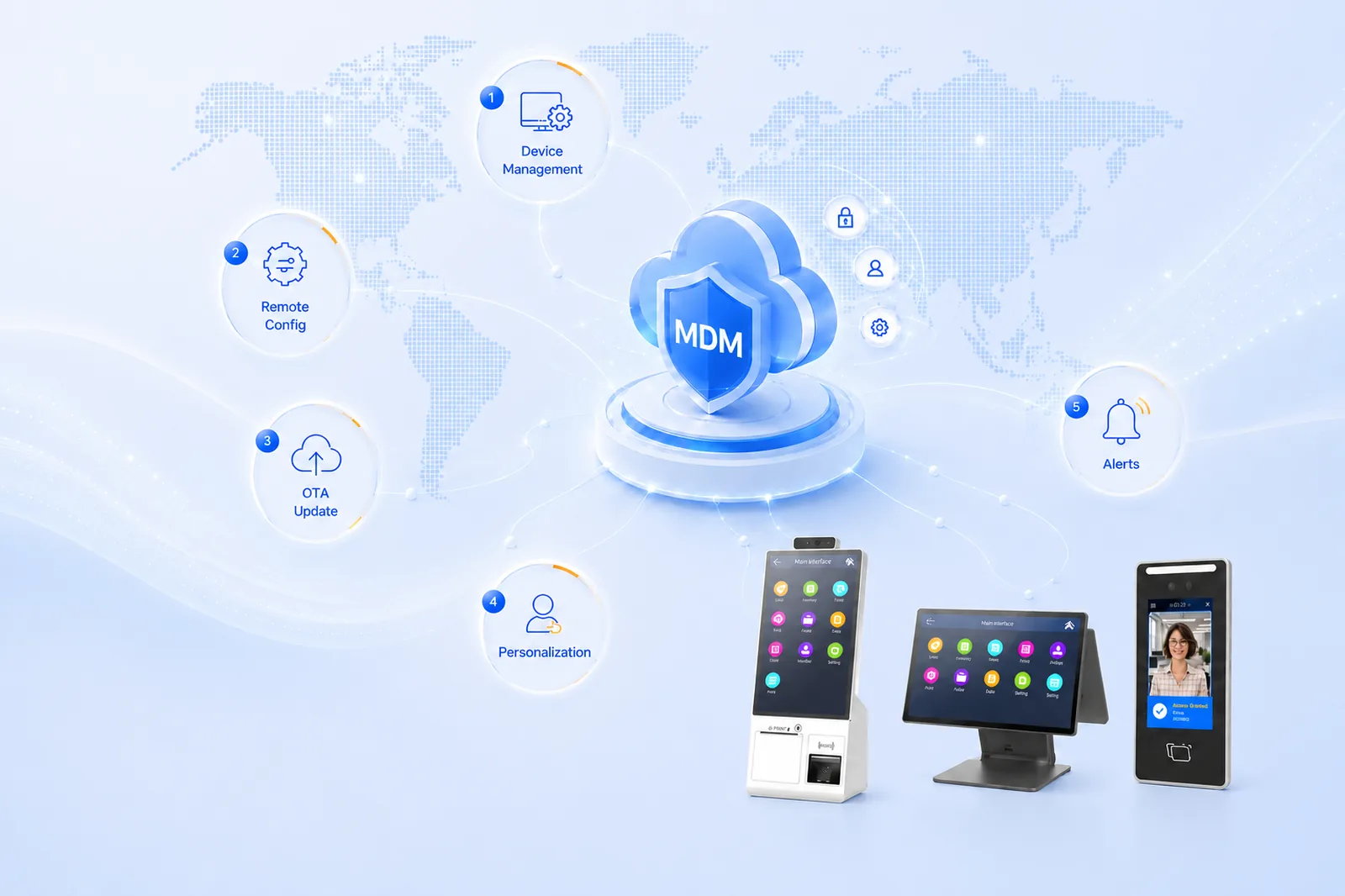 SUNTEK MDM remote device management visual showing cloud-based device management, remote configuration, OTA update, personalization, alerts, and connected smart terminal hardware