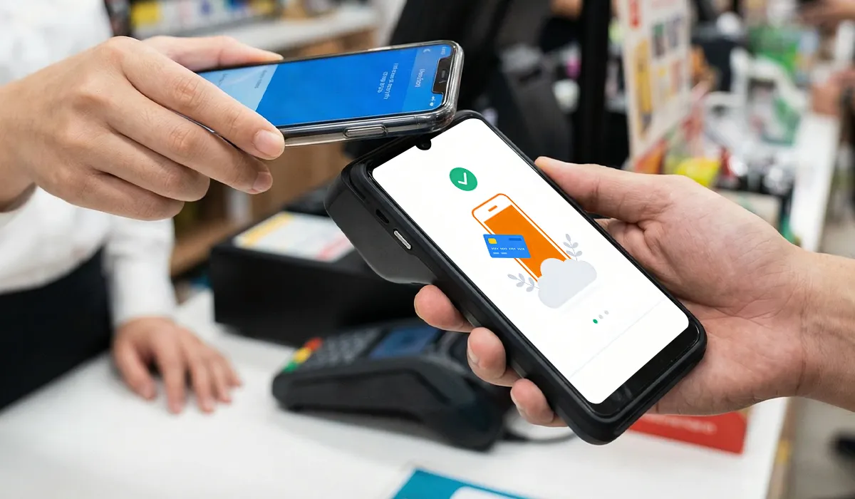 SUNTEK mobile payment terminal processing a secure contactless transaction via smart pos in a retail store.