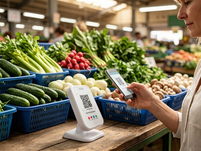 suntek pv1 qr payment device used by market vendor for qr code payment