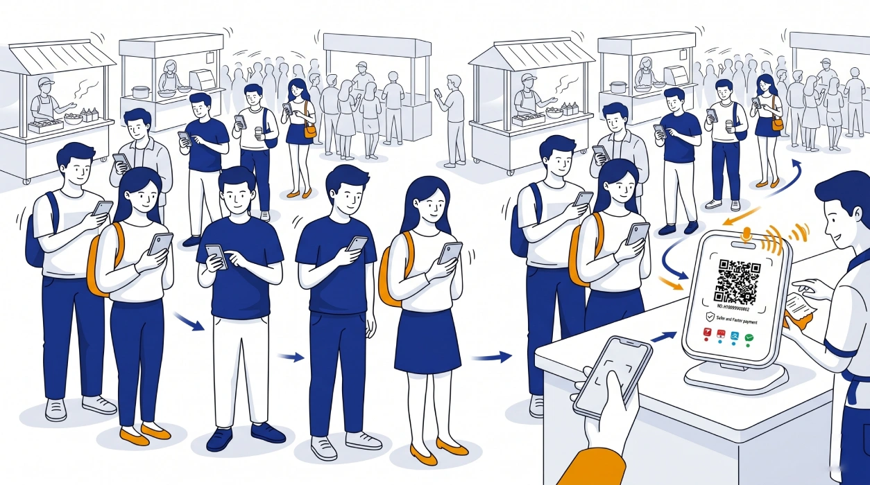 SUNTEK QR payment device used in busy retail checkout scene with multiple customers and real-time transaction flow