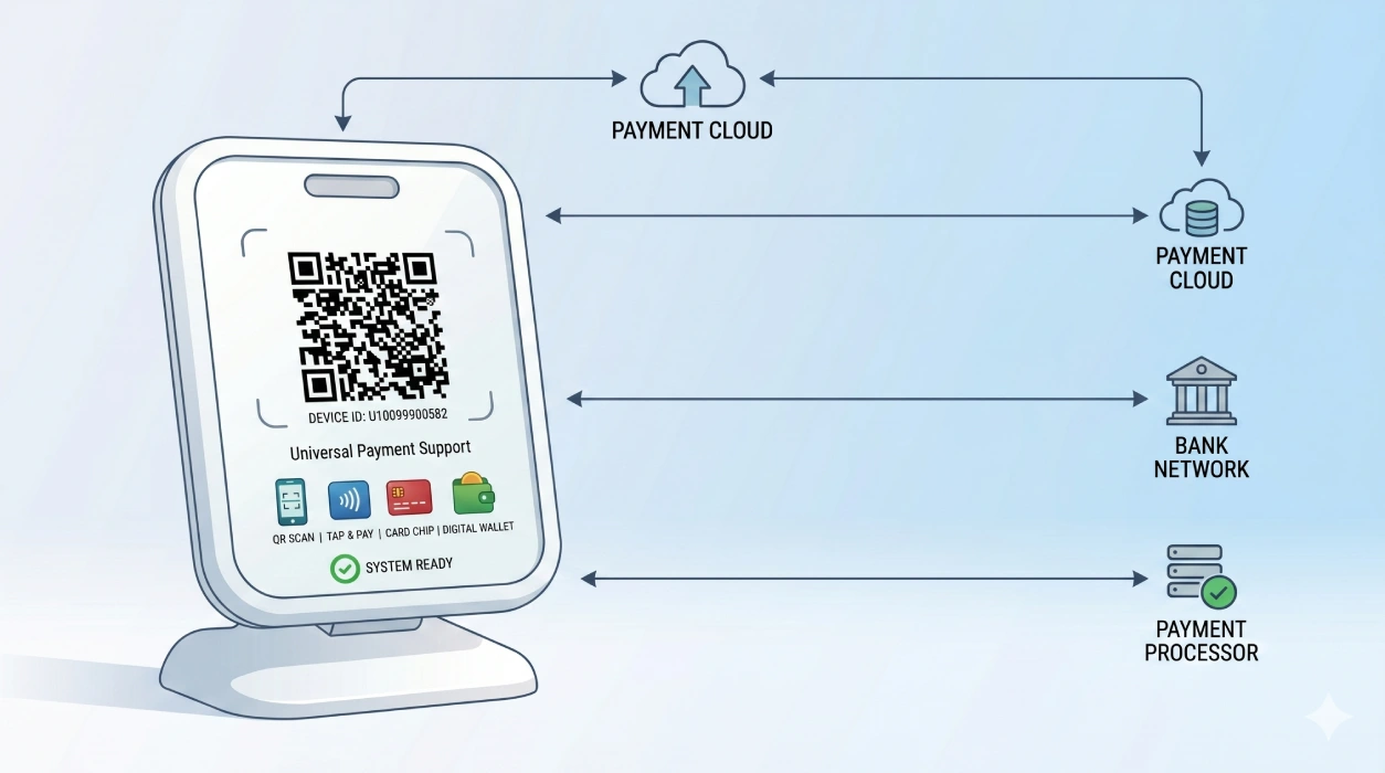 QR payment workflow with cloud verification showing payment device connected to payment cloud, bank network, and processor for real-time confirmation