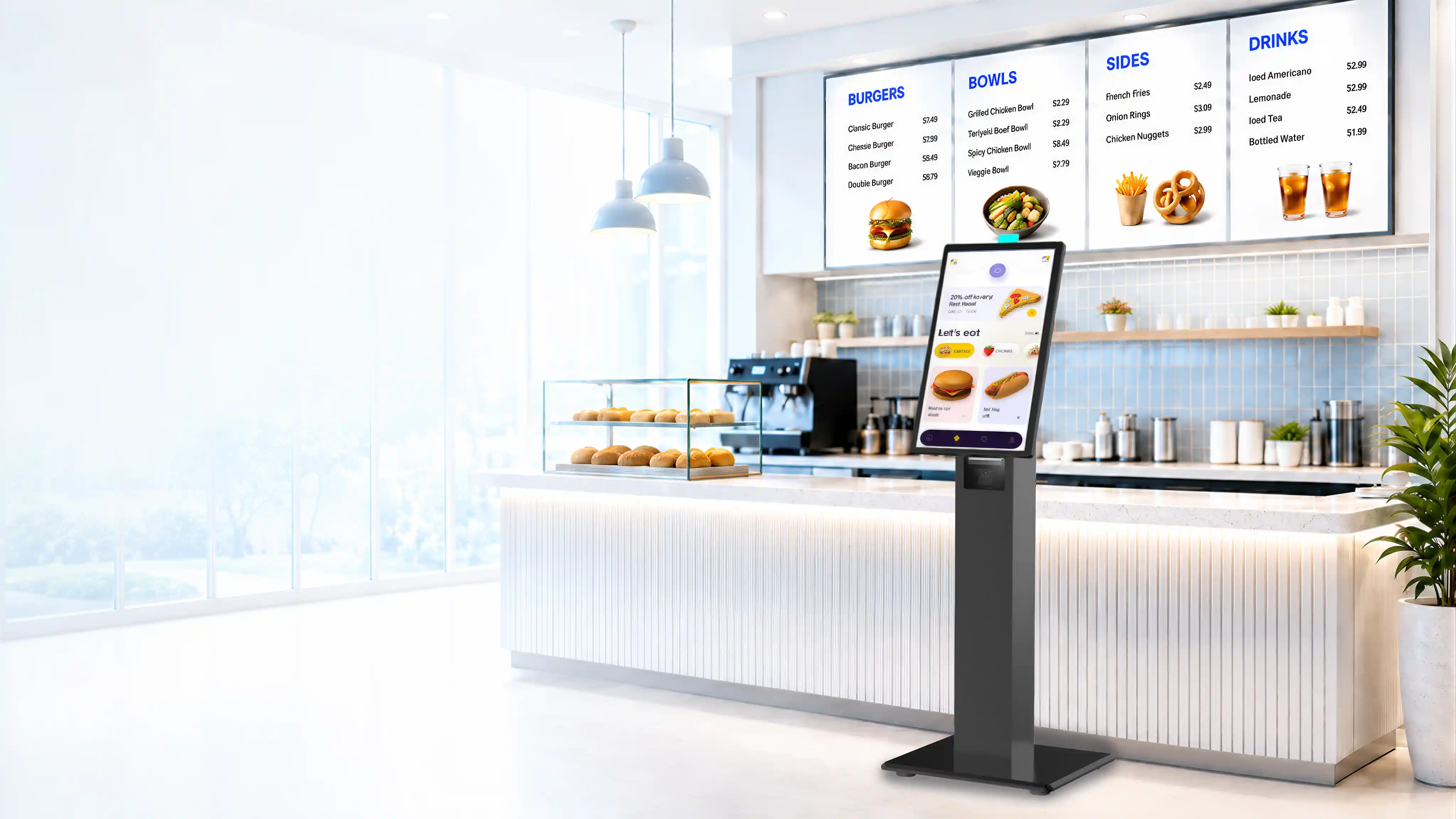 SUNTEK restaurant self-ordering kiosk hardware solution for QSR restaurant ordering and payment projects