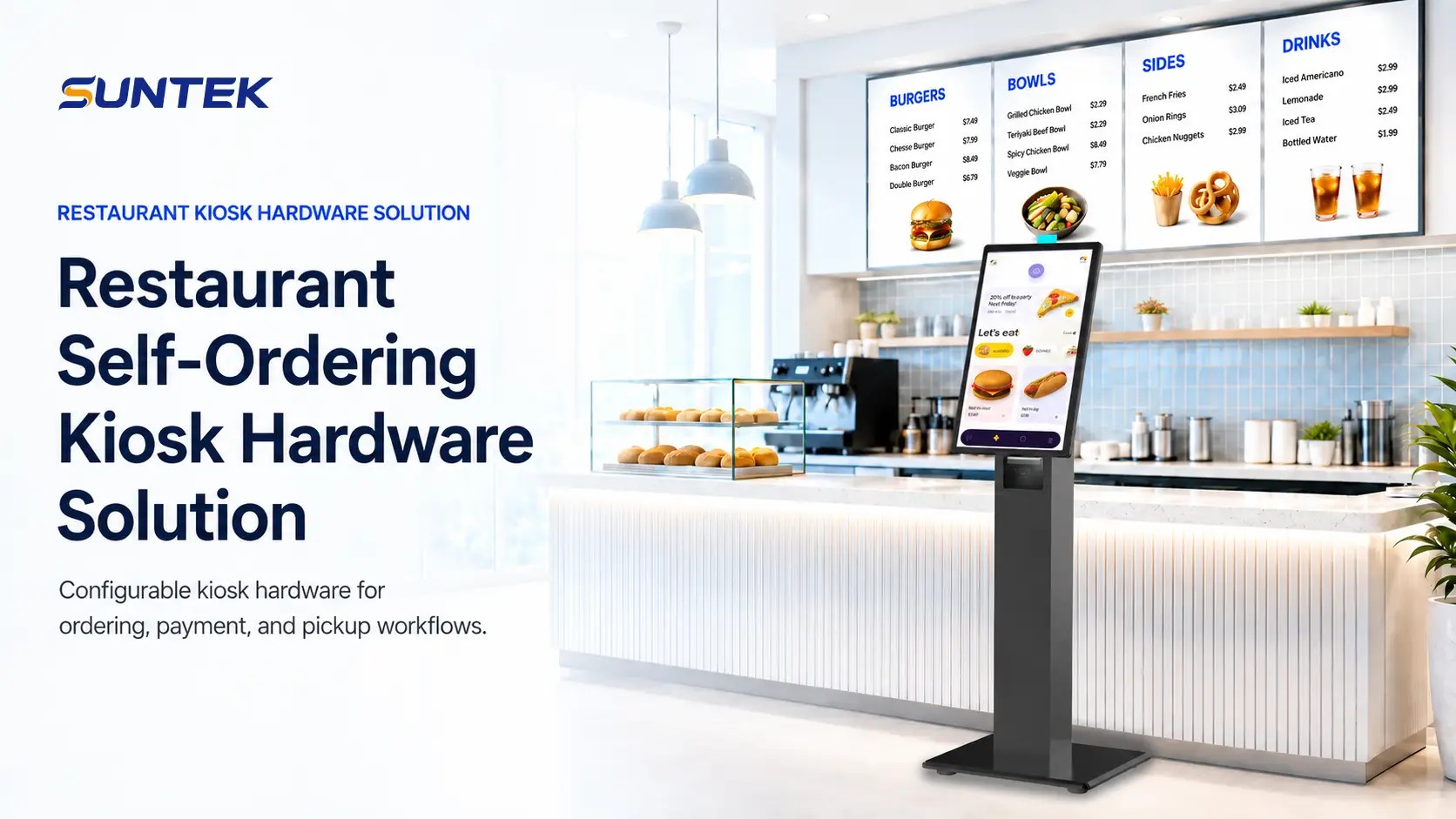 SUNTEK restaurant self-ordering kiosk hardware solution for QSR and food service projects