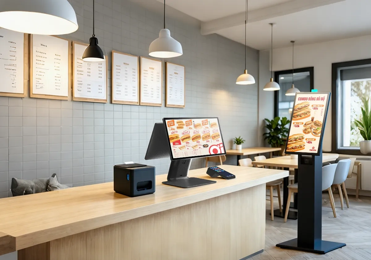 SUNTEK retail and restaurant hardware ecosystem with desktop POS, self-service kiosk, mobile POS, printer, and payment devices