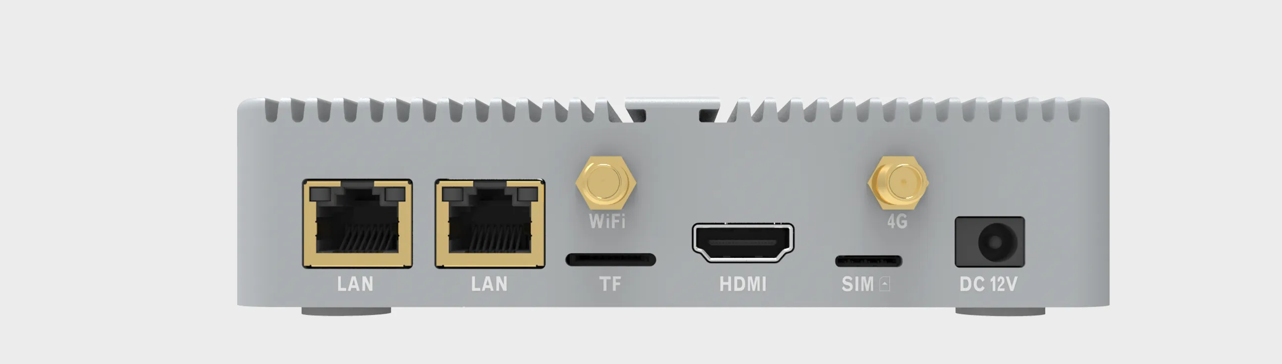 SUNTEK SA8 mini PC front panel with LAN ports HDMI SIM slot WiFi antenna and DC power interface