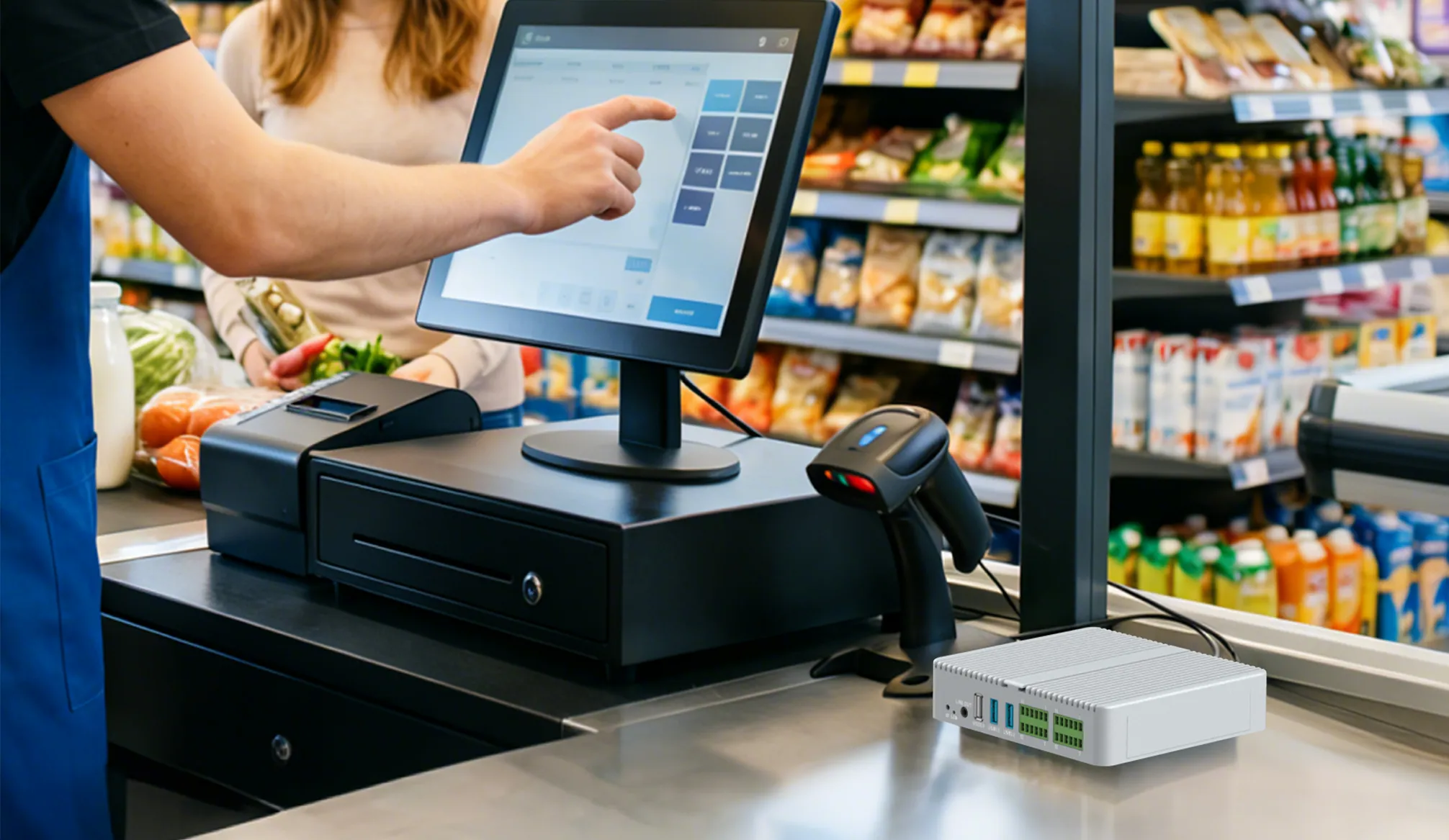 SUNTEK SA8 mini PC for retail POS systems with peripheral integration for efficient checkout