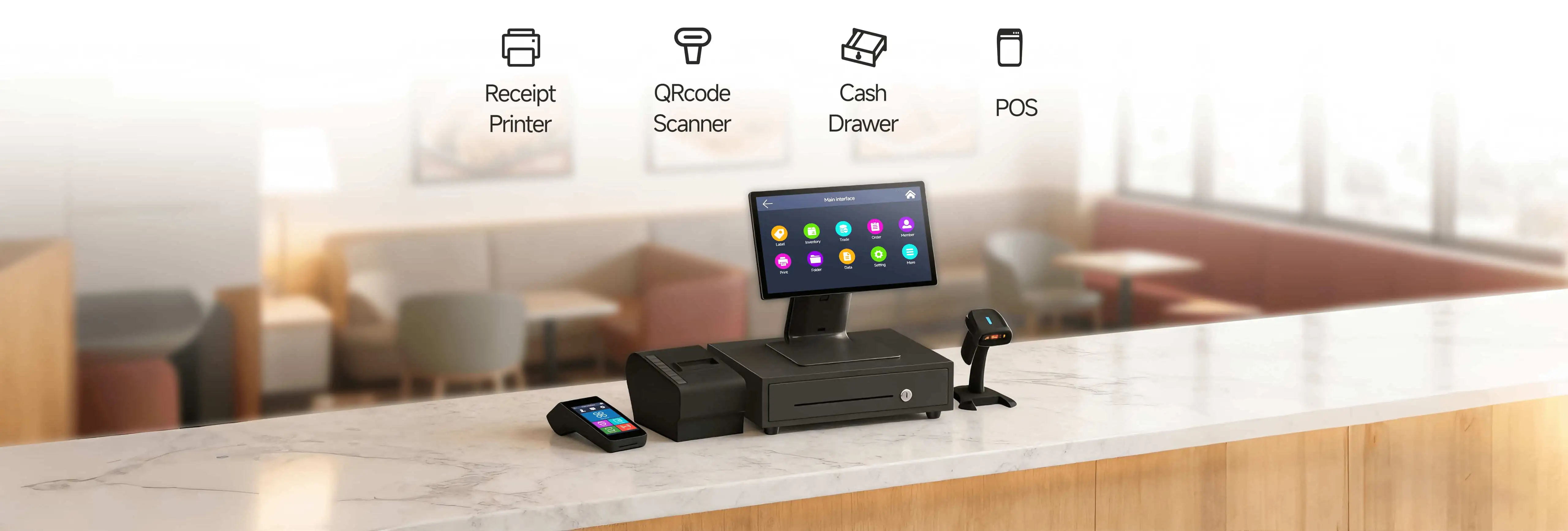 SUNTEK SC1 desktop pos compatible with receipt printer, QR code scanner, cash drawer, and handheld POS.