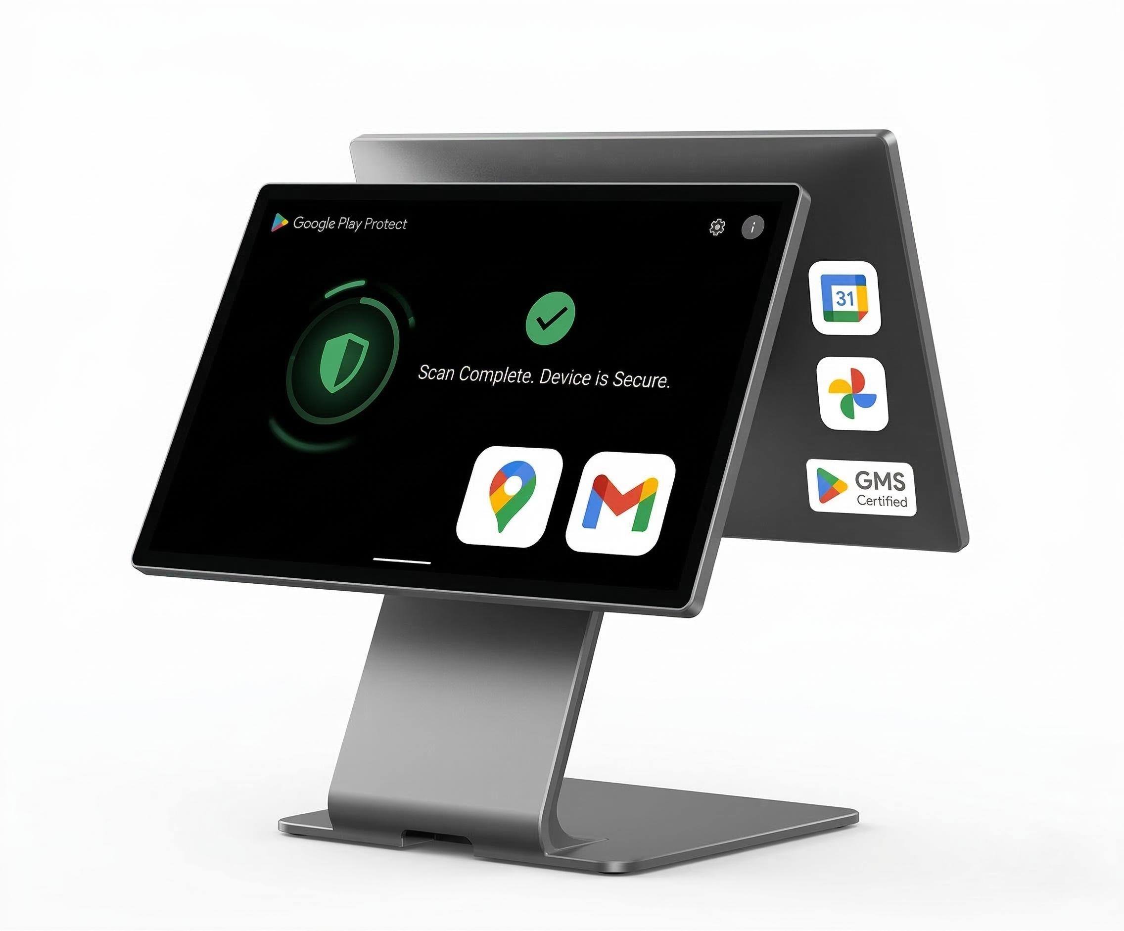 SUNTEK SC1 premium desktop POS terminal with official GMS certification, featuring Google Play Protect and Android app ecosystem on a clean white background.