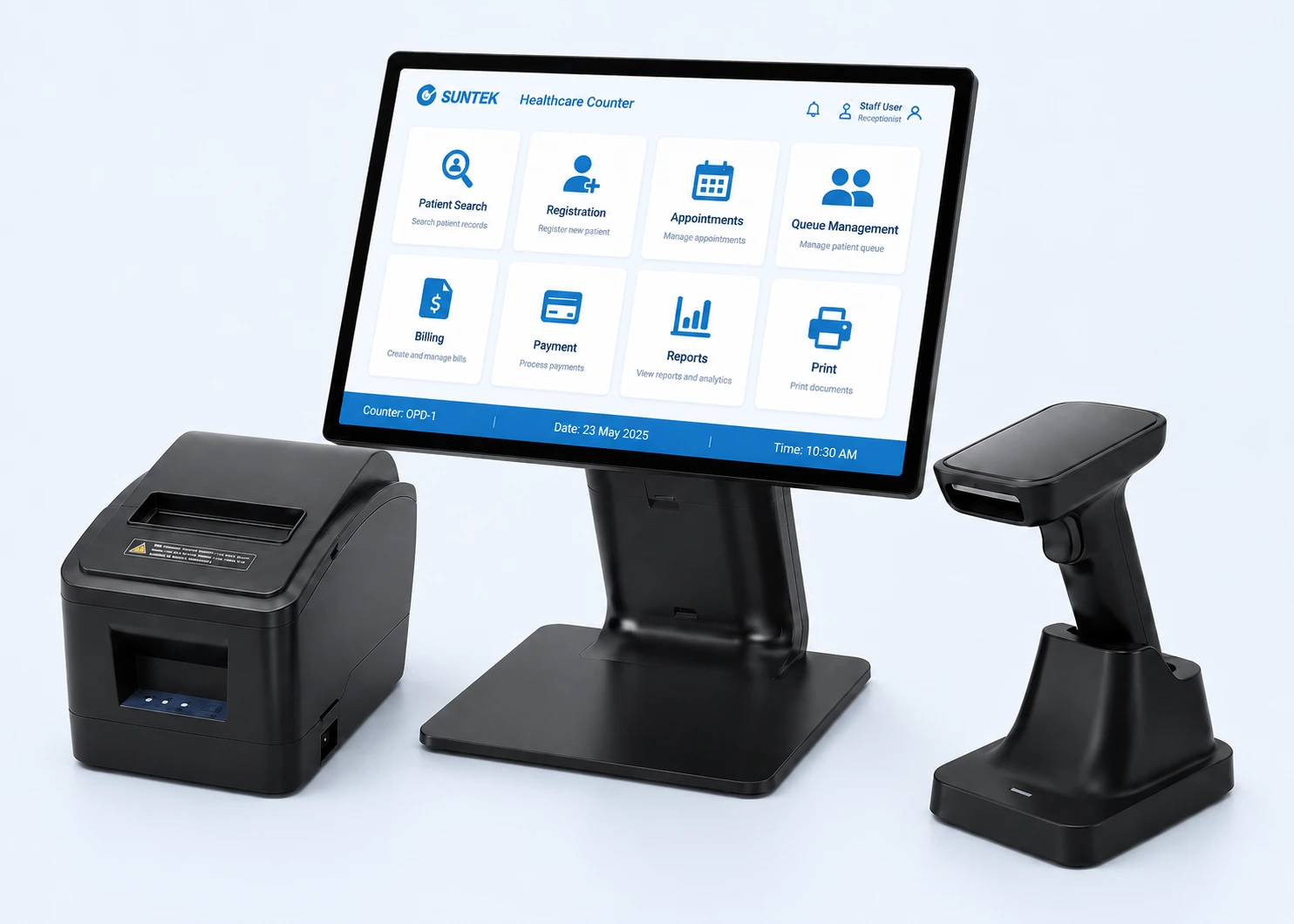 SUNTEK SC1 desktop workstation with printer and barcode scanner for healthcare reception counters
