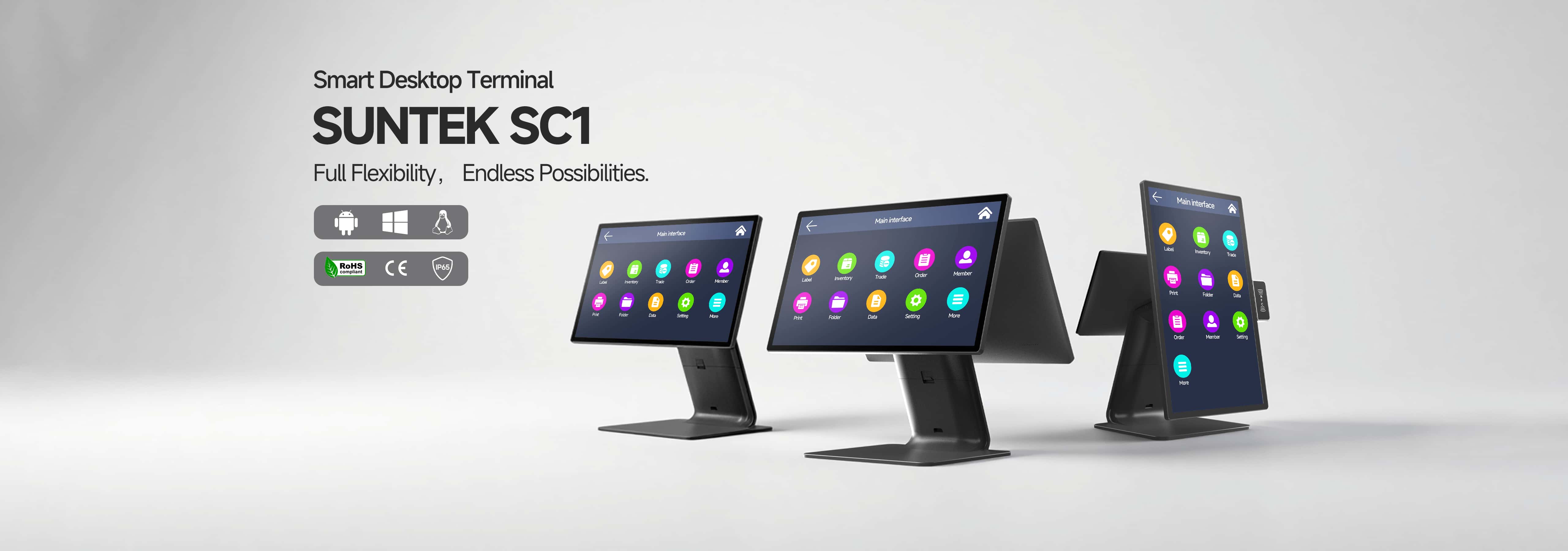 SUNTEK SC1 Smart Desktop Terminal featuring full flexibility, compatible with Android, Windows, and Linux operating systems for retail and service scenarios.