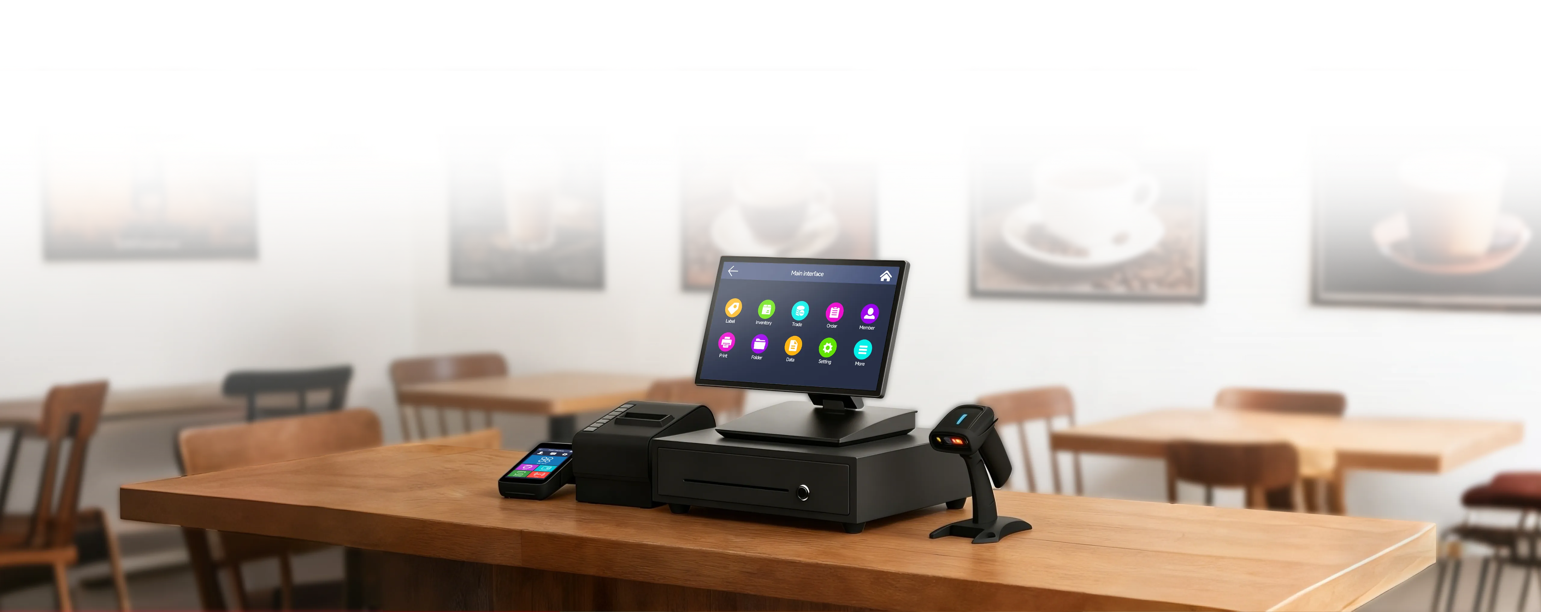 SC2 POS Peripherals Ecosystem Scene in Coffee Shop