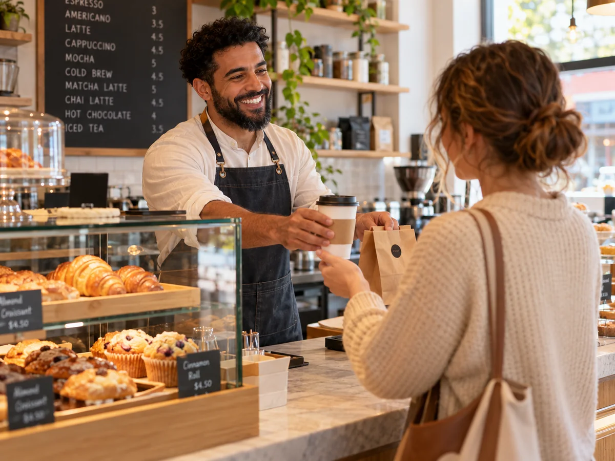 Food and beverage ordering and checkout scenario in a modern café environment.