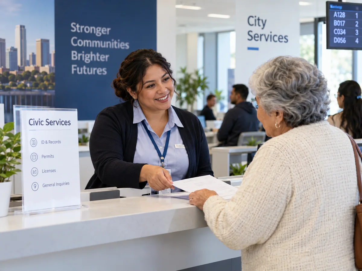 Public service counter scenario for service and payment handling.