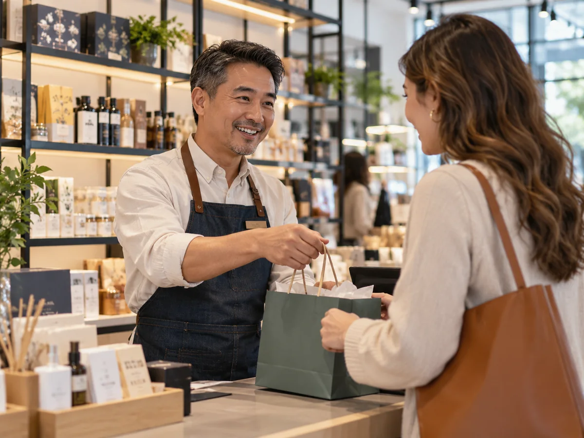 Retail checkout scenario in a boutique store.