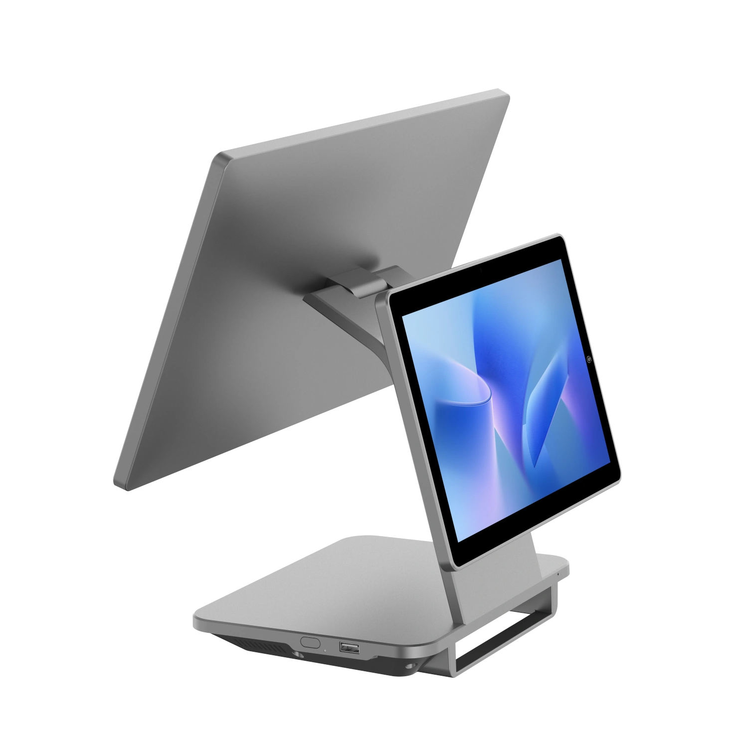 SUNTEK SC5 desktop POS terminal with 15.6-inch main display and optional 10.1-inch customer display in angled view