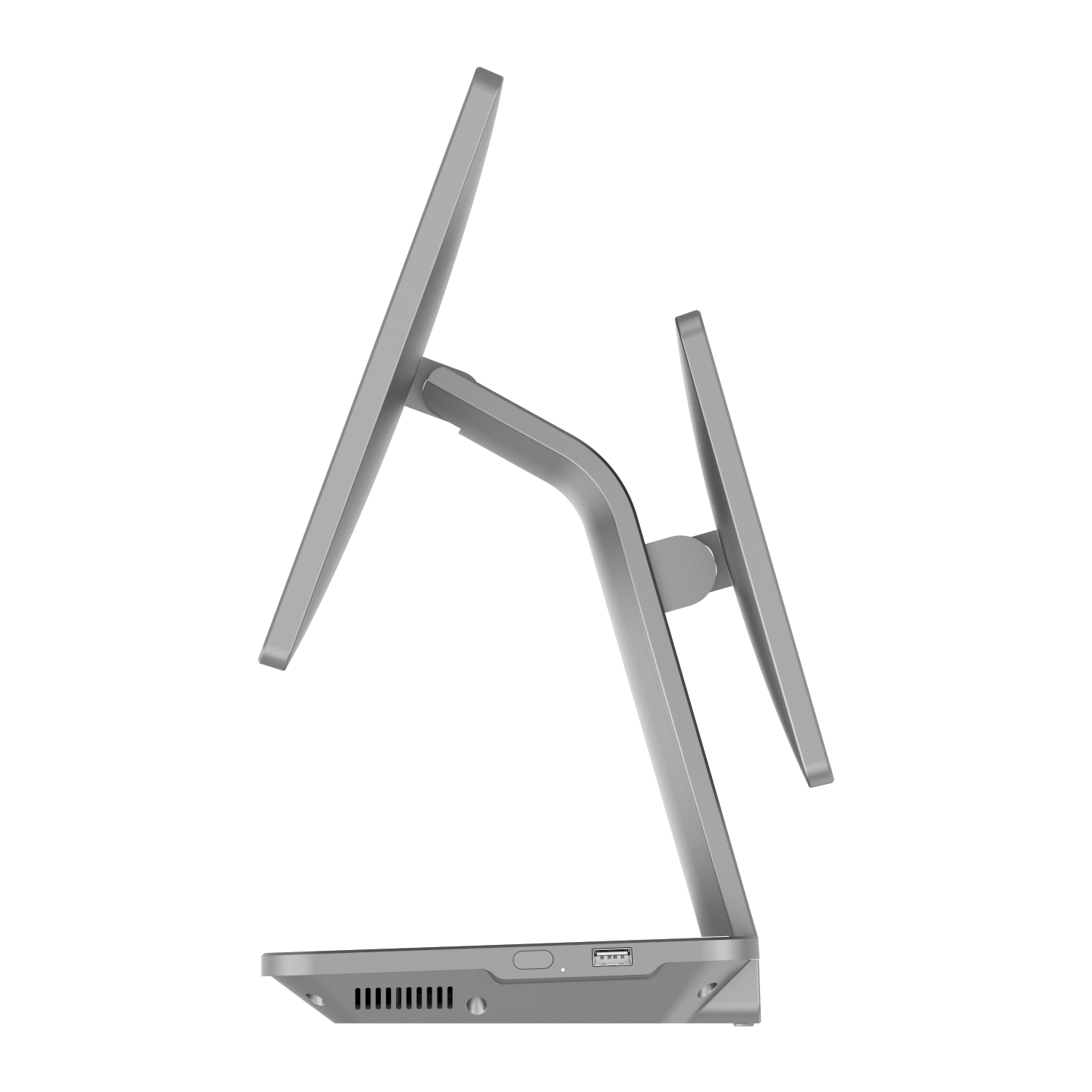 SUNTEK SC5 desktop POS terminal side view showing the main display, optional customer display and metal stand structure