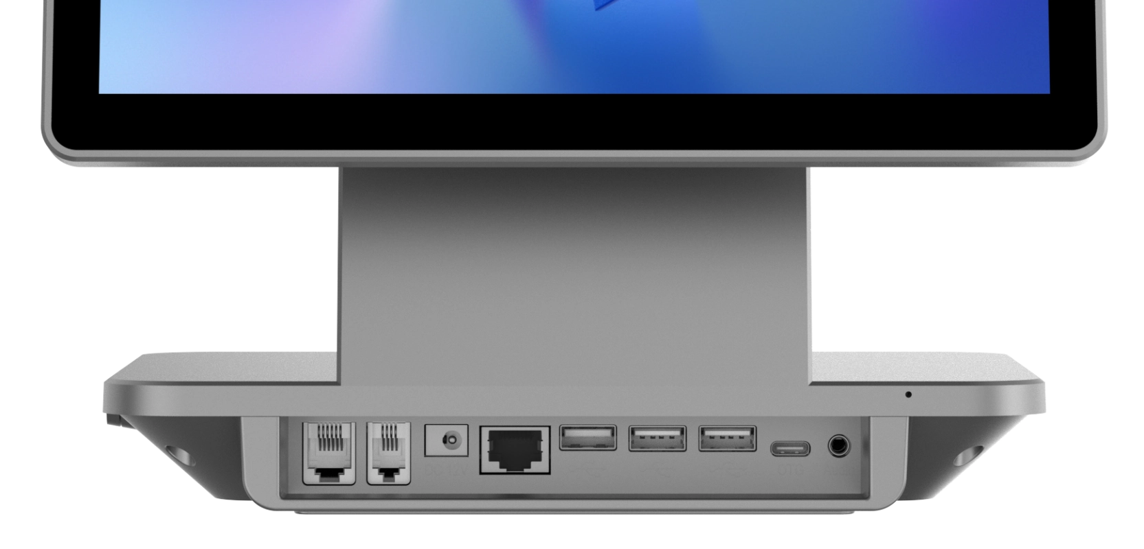 SUNTEK SC5 desktop POS terminal rear base showing integrated I/O ports beneath the customer display
