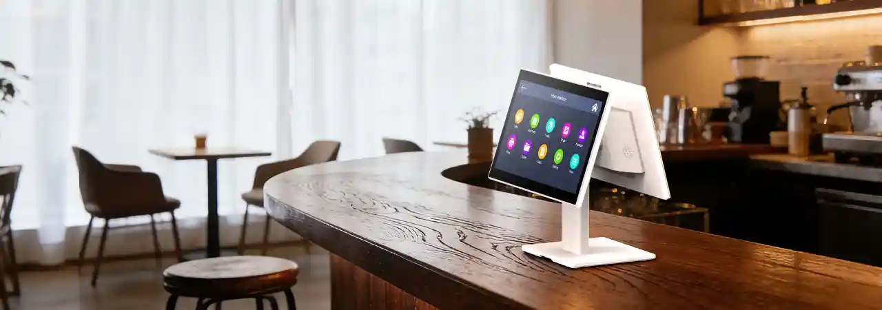 SUNTEK SC6 pos system in white, featuring a sleek design for front desk checkout and cashier services in modern cafe environments.
