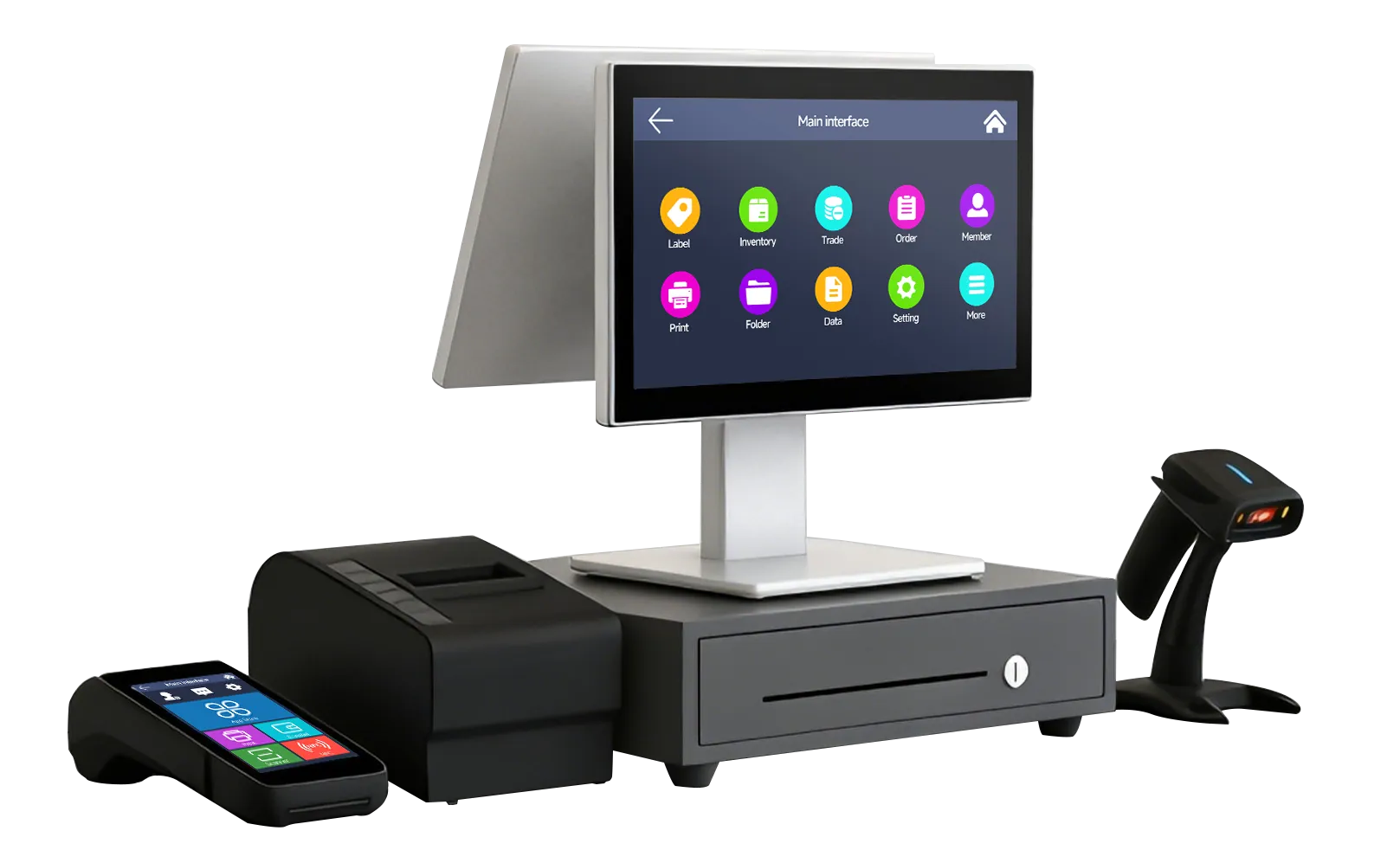 SUNTEK SC6 pos system hardware integration with compatible peripherals including receipt printer, QR code scanner, and cash drawer for complete retail checkout solutions.