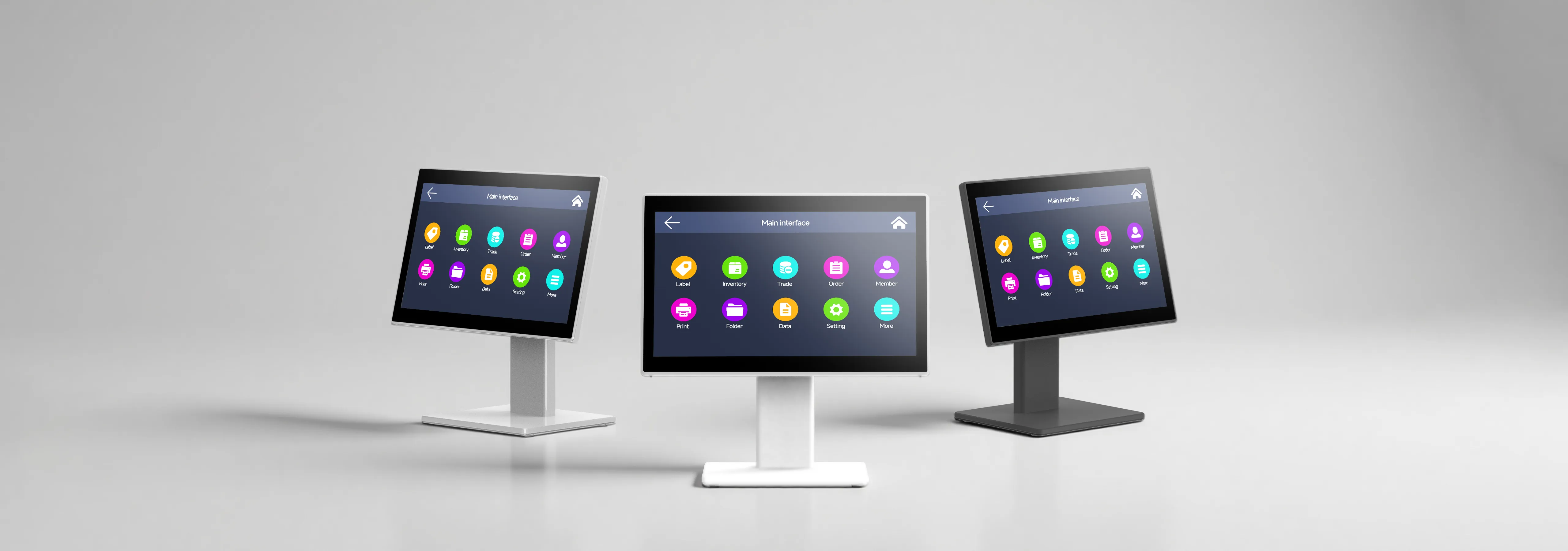 SUNTEK SC6 pos system with customization capability for brand logos and colors, shown in black and white hardware options with multiple pedestal screens.