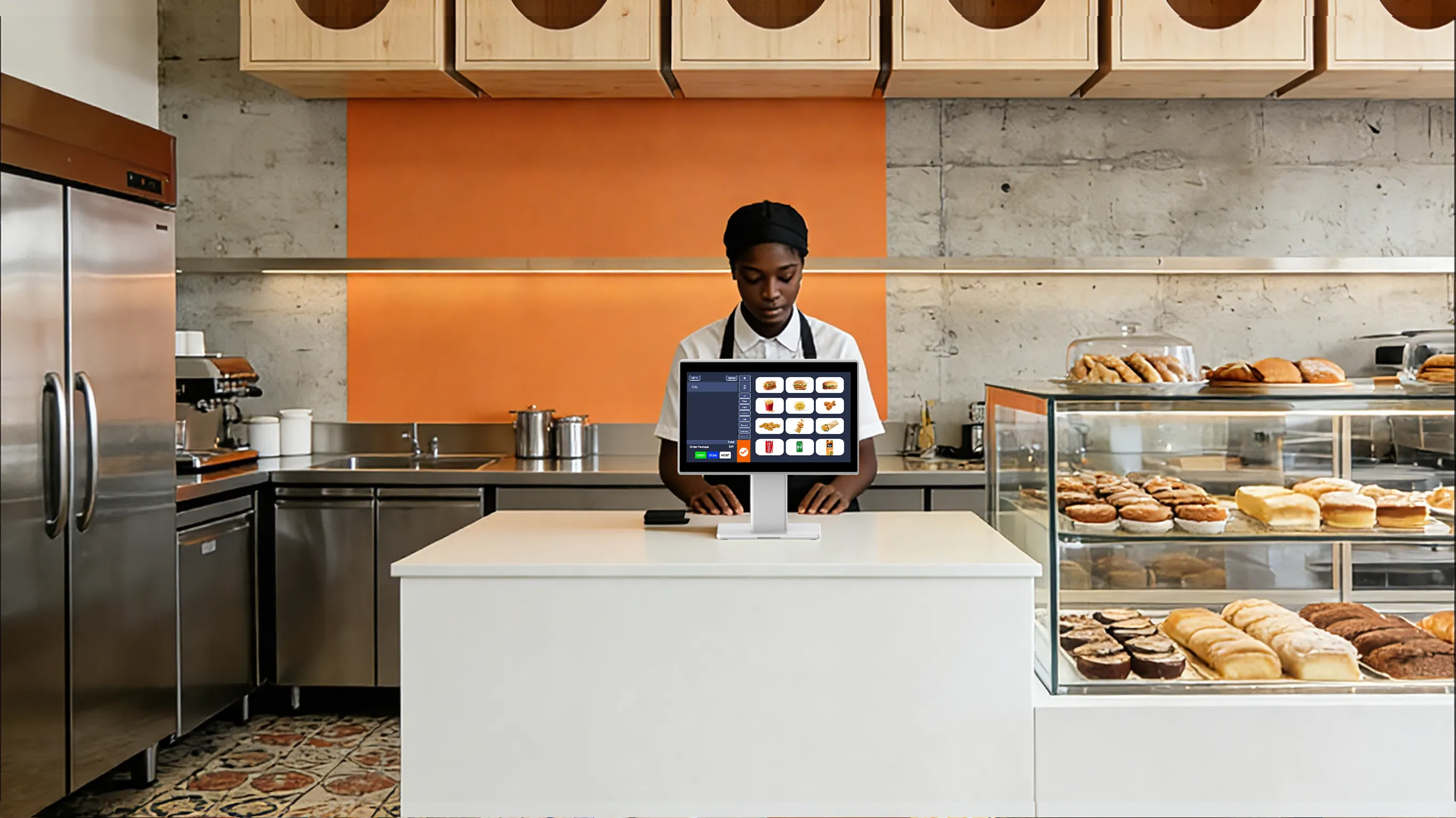 SUNTEK SC6 pos system applied in bakery and restaurant environments for efficient food ordering and guest checkout processing.