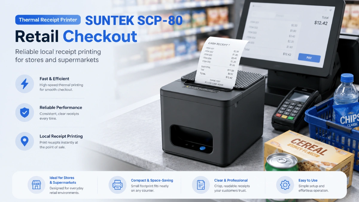 SUNTEK SCP-80 thermal printer for retail receipt printing at checkout counters