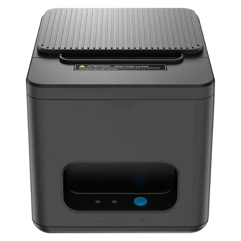 Front main view of SUNTEK SCP-80 thermal receipt printer with paper outlet, status indicators, and feed button for POS and kiosk printing