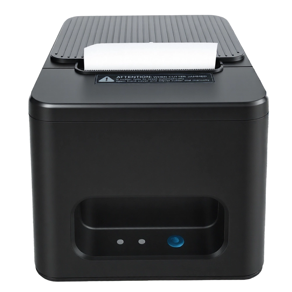 Front view of SUNTEK SCP-80 thermal receipt printer with paper outlet, status indicators, and feed button