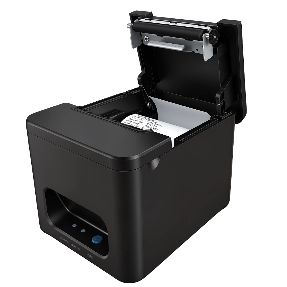 SUNTEK SCP-80 thermal receipt printer with open cover showing paper loading structure, print roller, and receipt paper path