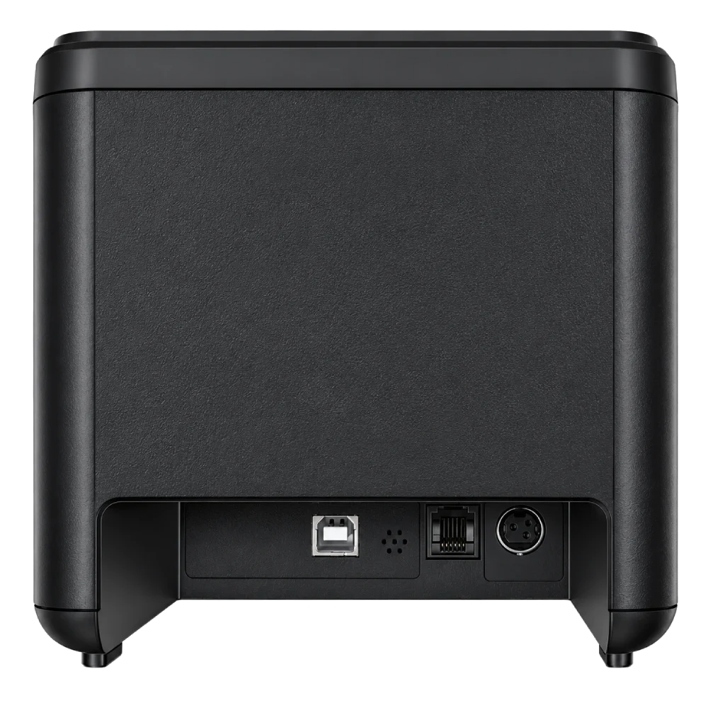 Rear interface view of SUNTEK SCP-80 thermal receipt printer with USB, RJ11 cash drawer port, and DC power input for POS integration
