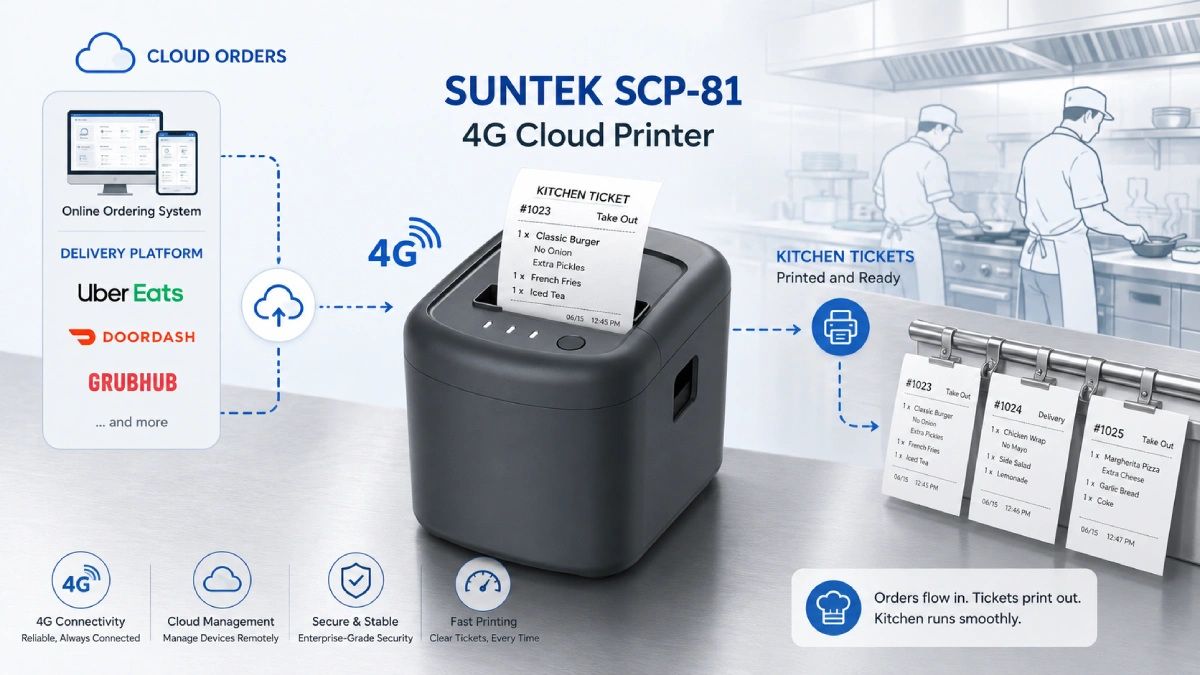SUNTEK SCP-81 4G cloud printer for kitchen order printing and remote food delivery workflow