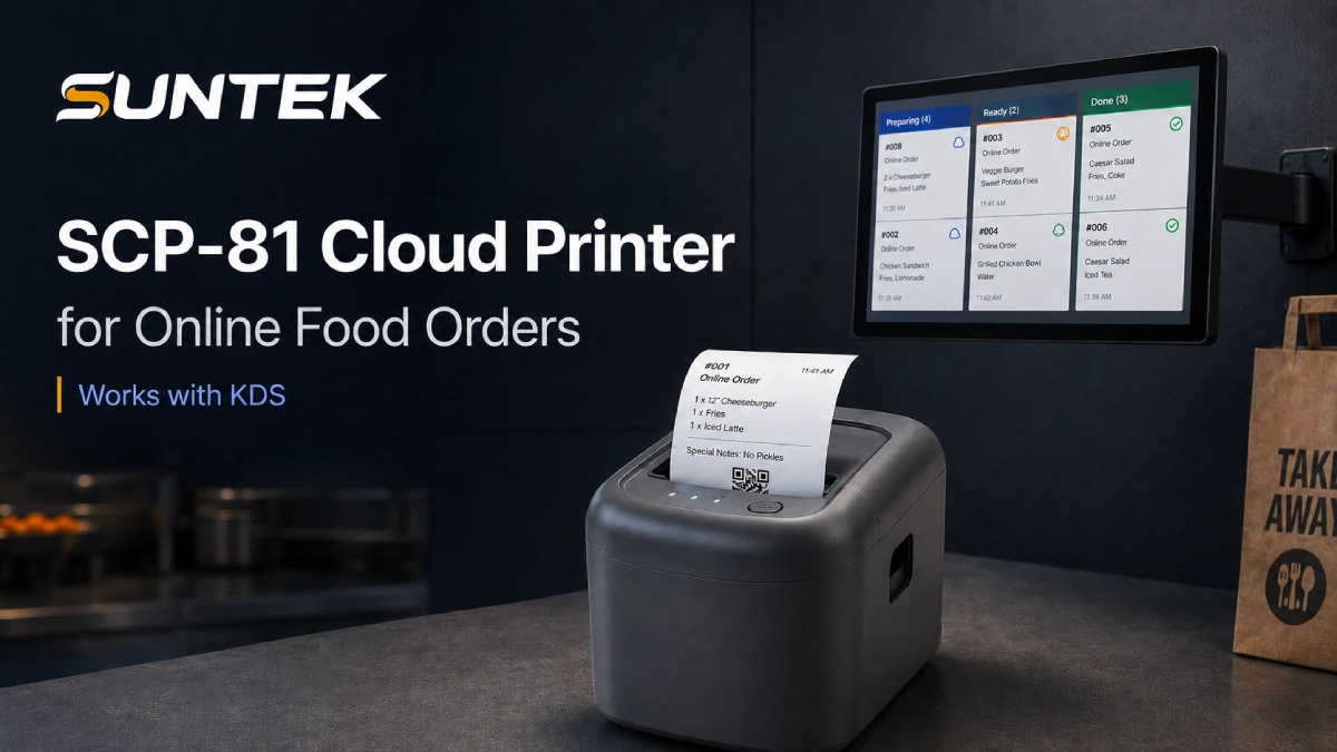 SUNTEK SCP-81 cloud printer for online food orders shown with KDS kitchen order display in a restaurant takeaway workflow