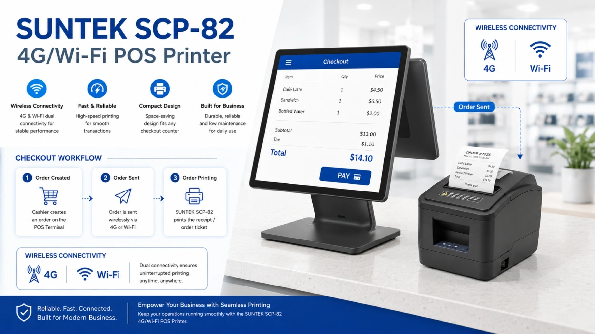 SUNTEK SCP-82 4G WiFi POS printer for checkout takeaway and connected store printing