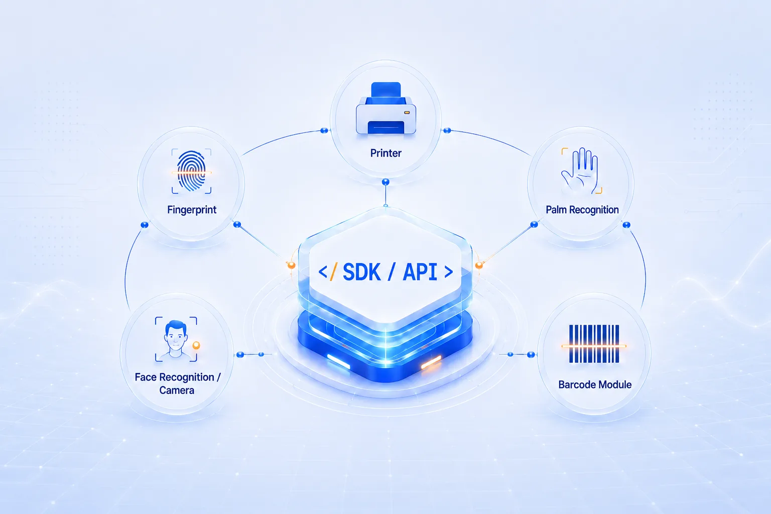 SUNTEK SDK and API support visual for printer, fingerprint, palm recognition, face recognition camera, and barcode module hardware integration
