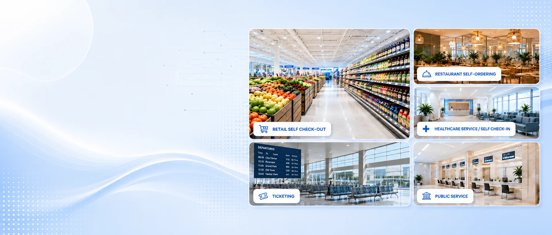 SUNTEK self-service kiosk device solution for retail self check-out, restaurant self-ordering, healthcare self check-in, ticketing, and public service workflows.