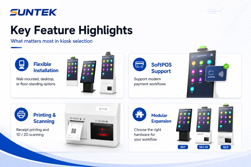 SUNTEK self-service kiosk key feature highlights including flexible installation SoftPOS support printing scanning and modular expansion