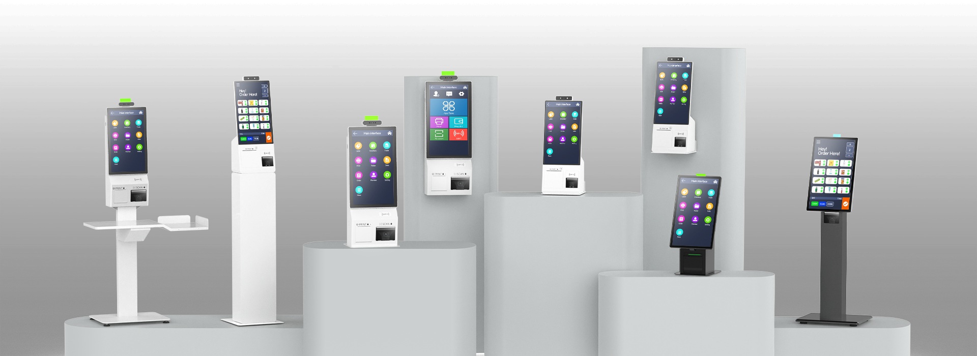 Range of SUNTEK AI Self-service kiosks showing multiple mounting options including pedestal, desktop, and floor-standing models for retail and self-service.