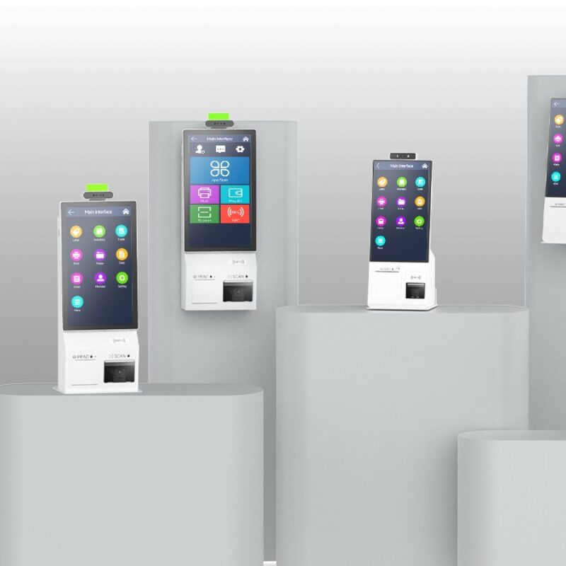 Range of SUNTEK smart kiosks showing multiple mounting options including pedestal, desktop, and floor-standing models for retail and self-service.