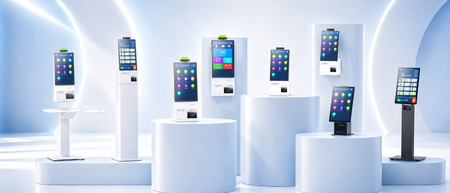 SUNTEK self-service kiosk product family including SK1, SK1-15, and SK5 models in a modern product display.