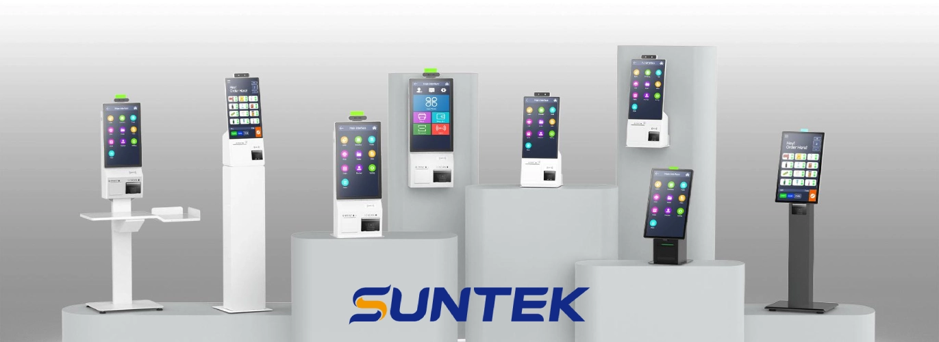 A comprehensive lineup of SUNTEK intelligent self-service kiosks, showcasing a diverse family of kiosks including floor-standing, desktop, wall-mounted, and counter-integrated models. Featuring sleek white and charcoal finishes with high-definition interactive displays, this visual highlights SUNTEK’s versatile self-service kiosk solutions for healthcare, retail, and government sectors.