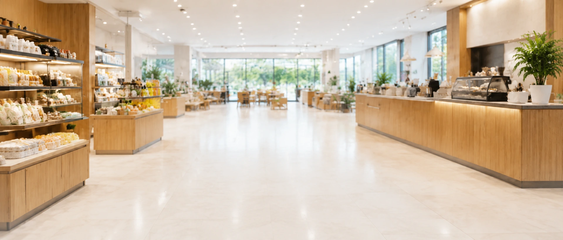 Bright and spacious café and retail interior for SUNTEK self-service kiosk recommended products background.