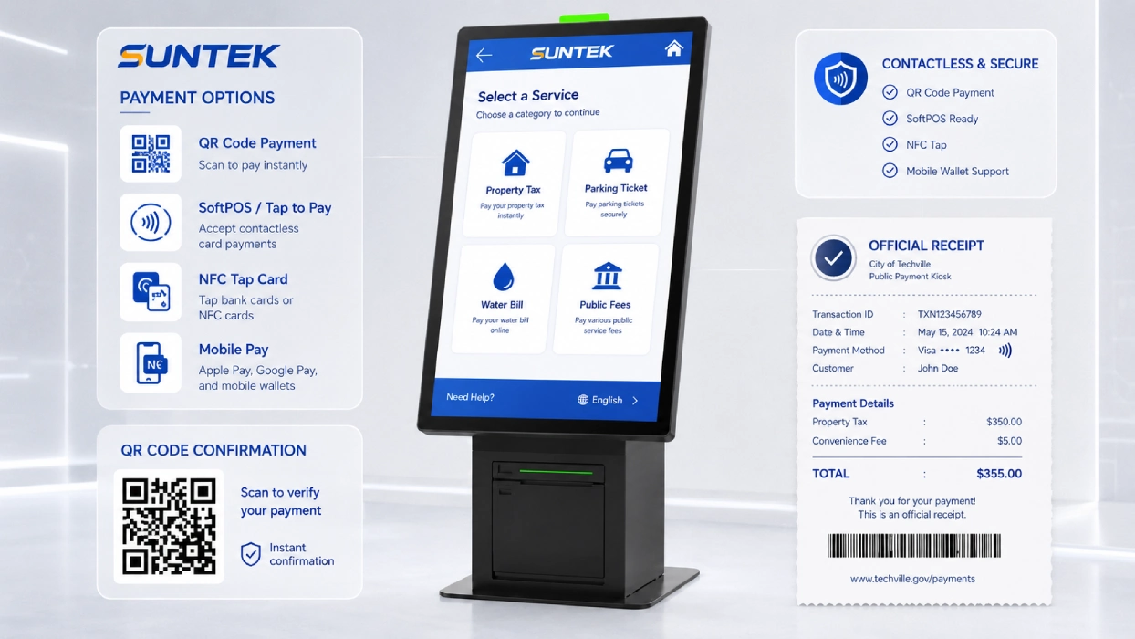 SUNTEK SK1 public payment kiosk supporting QR code payment SoftPOS NFC tap card and mobile pay for government self-service workflows