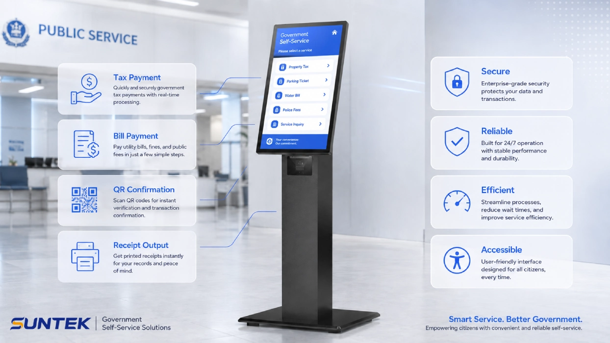 SUNTEK SK1 public payment kiosk for property tax water bill parking ticket QR code confirmation and receipt output