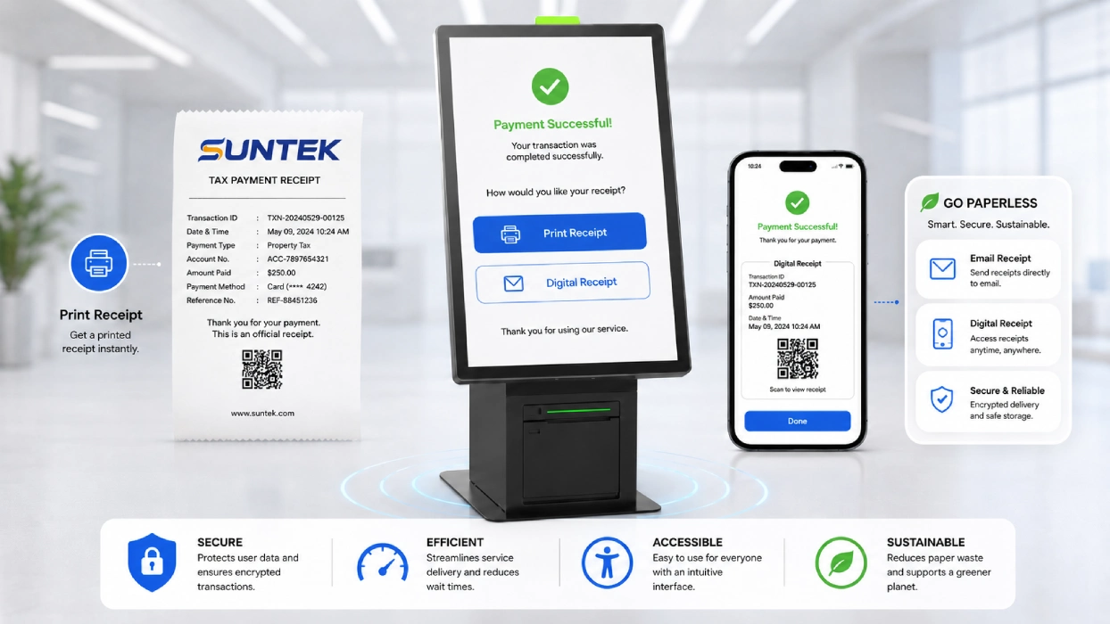 SUNTEK SK1 receipt printing kiosk supporting paperless digital confirmation email receipt QR code receipt and official payment receipt workflows