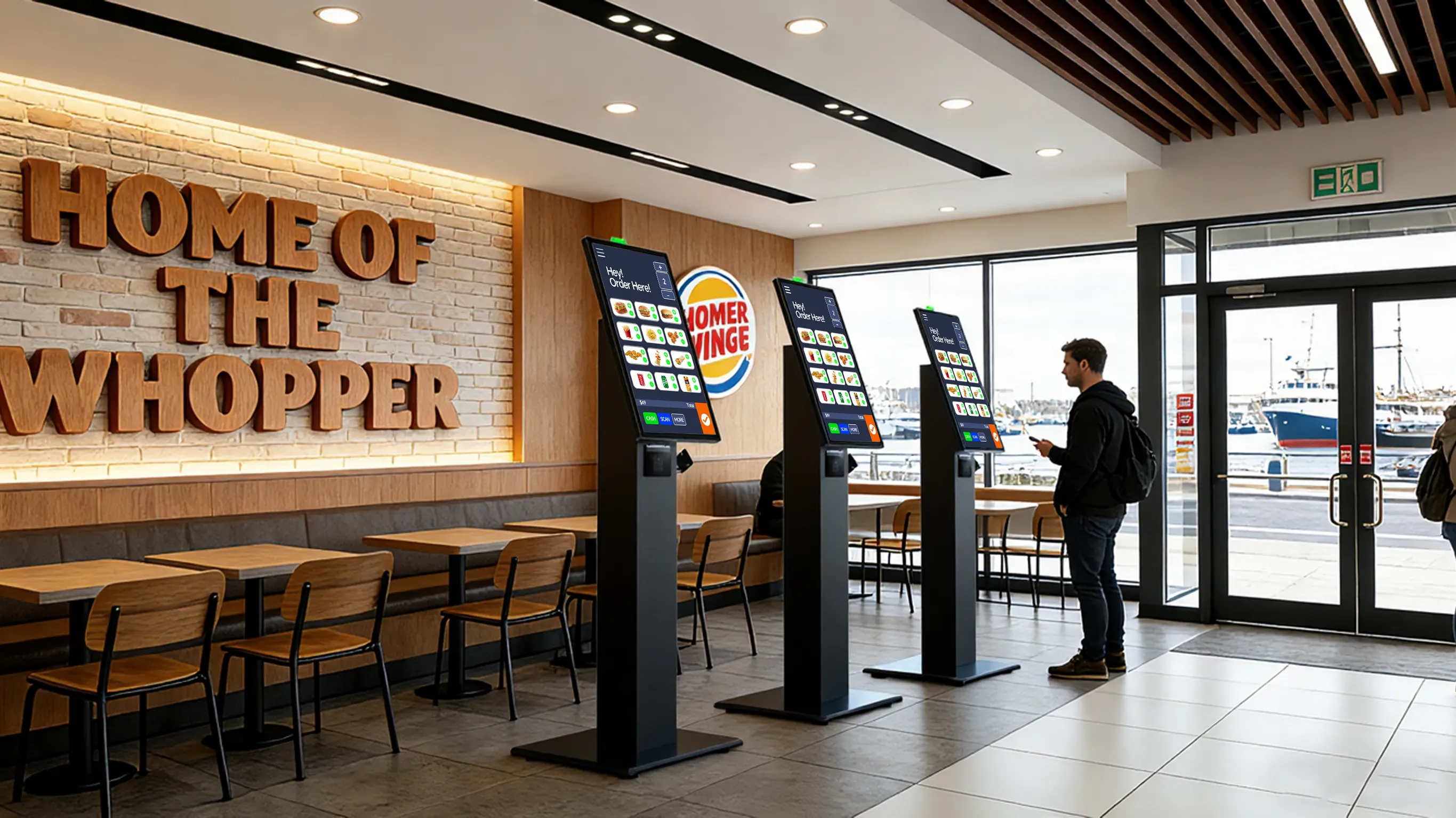 Self-service food ordering and payment terminal SUNTEK SK1 in a busy fast-food restaurant scenario.