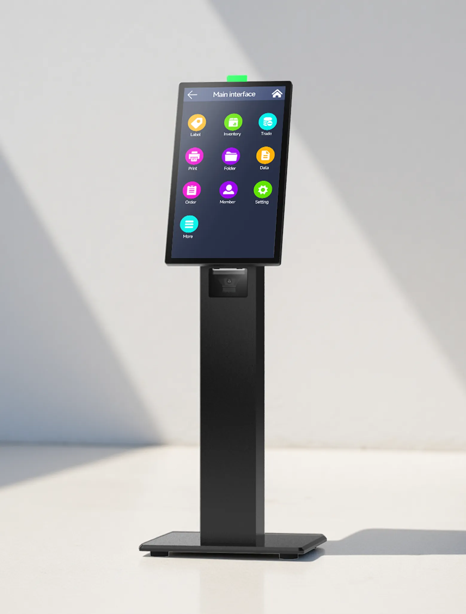 21.5-inch floor-standing self-service kiosk SUNTEK SK1 with a slim pedestal for high-traffic lobby areas.