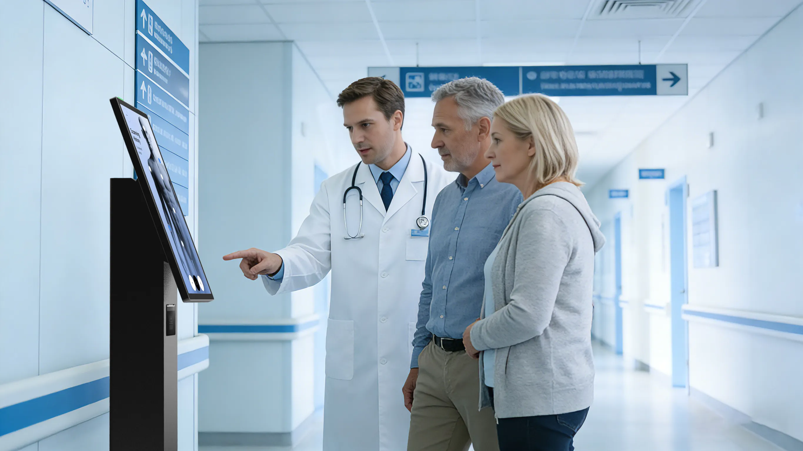 Medical self-service kiosk SUNTEK SK1 used in hospitals for receipt printing, check in and item code scanning.